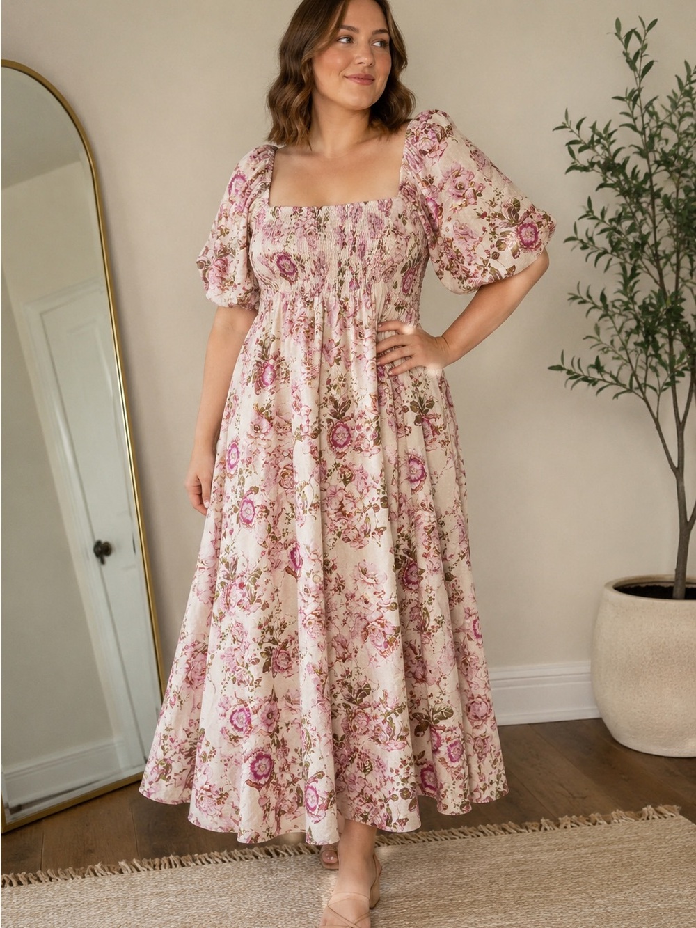 Avec Les Filles Blush Pink Floral Puff-Sleeve Maxi Dress